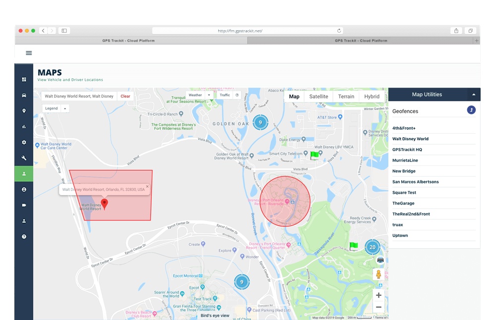 GPS Trackit's Software showcasing Geofence feature on a map with red tinted shapes.