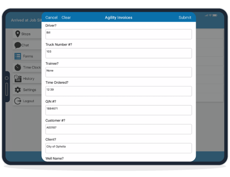 FSM Driver app on an iPad showcasing the forms feature