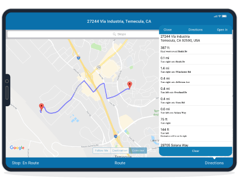 FSM Driver app on an iPad showcasing the routes and directions feature