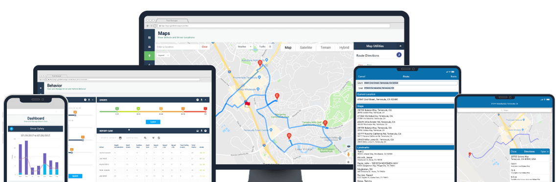 GPS Trackit's Field Service Management Cloud software displayed on a mobile, laptop, desktop and the FSM app displayed on tablet devices